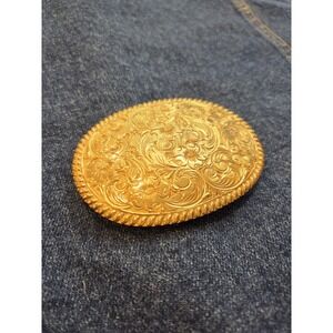 Vintage Crumrine Brass Floral Engraved Oval Belt Buckle - Pristine